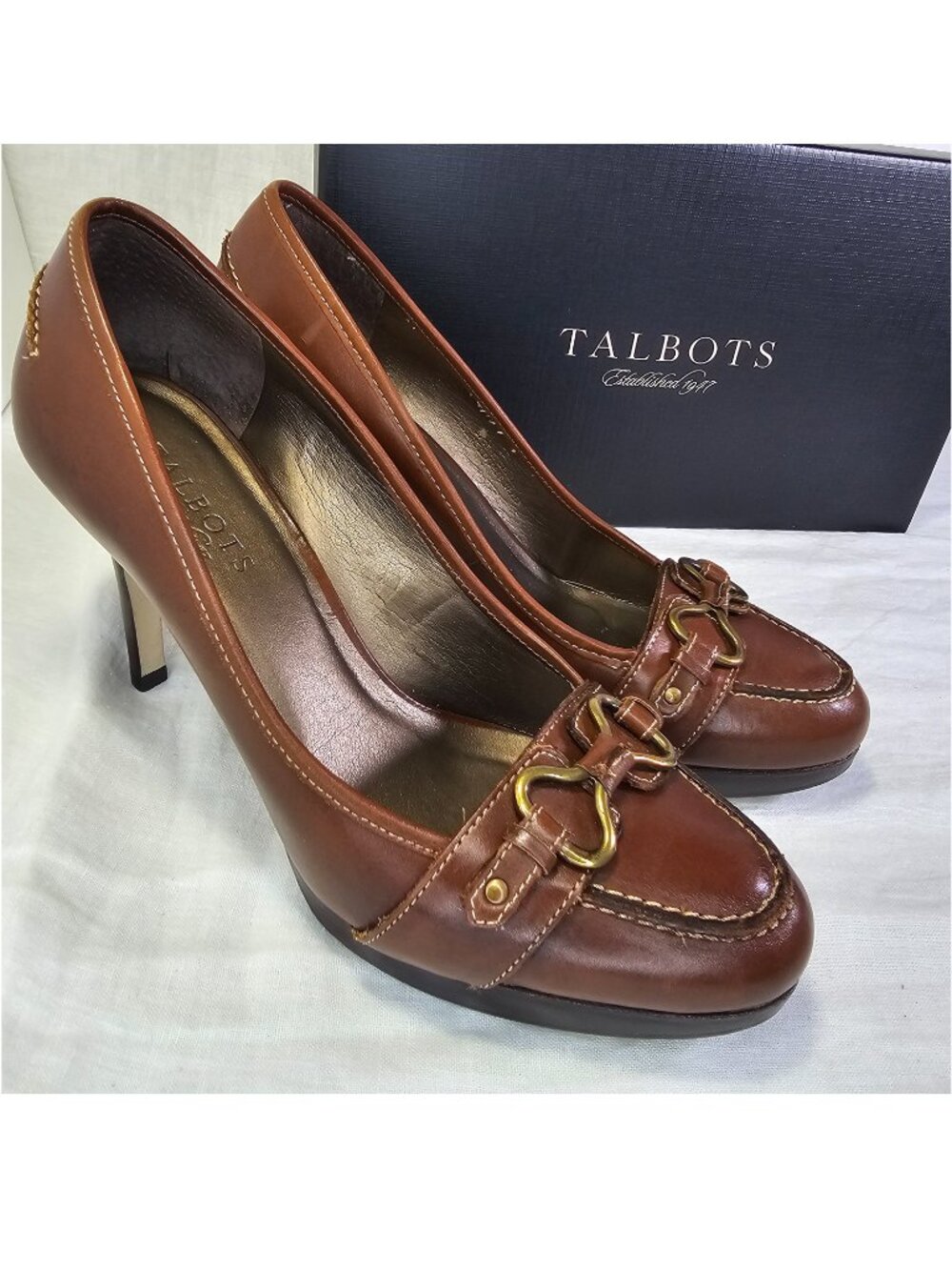 Vintage Talbots Adele Leather 3.75” Stiletto Heel Pumps Buckle 8M Caramel Cognac